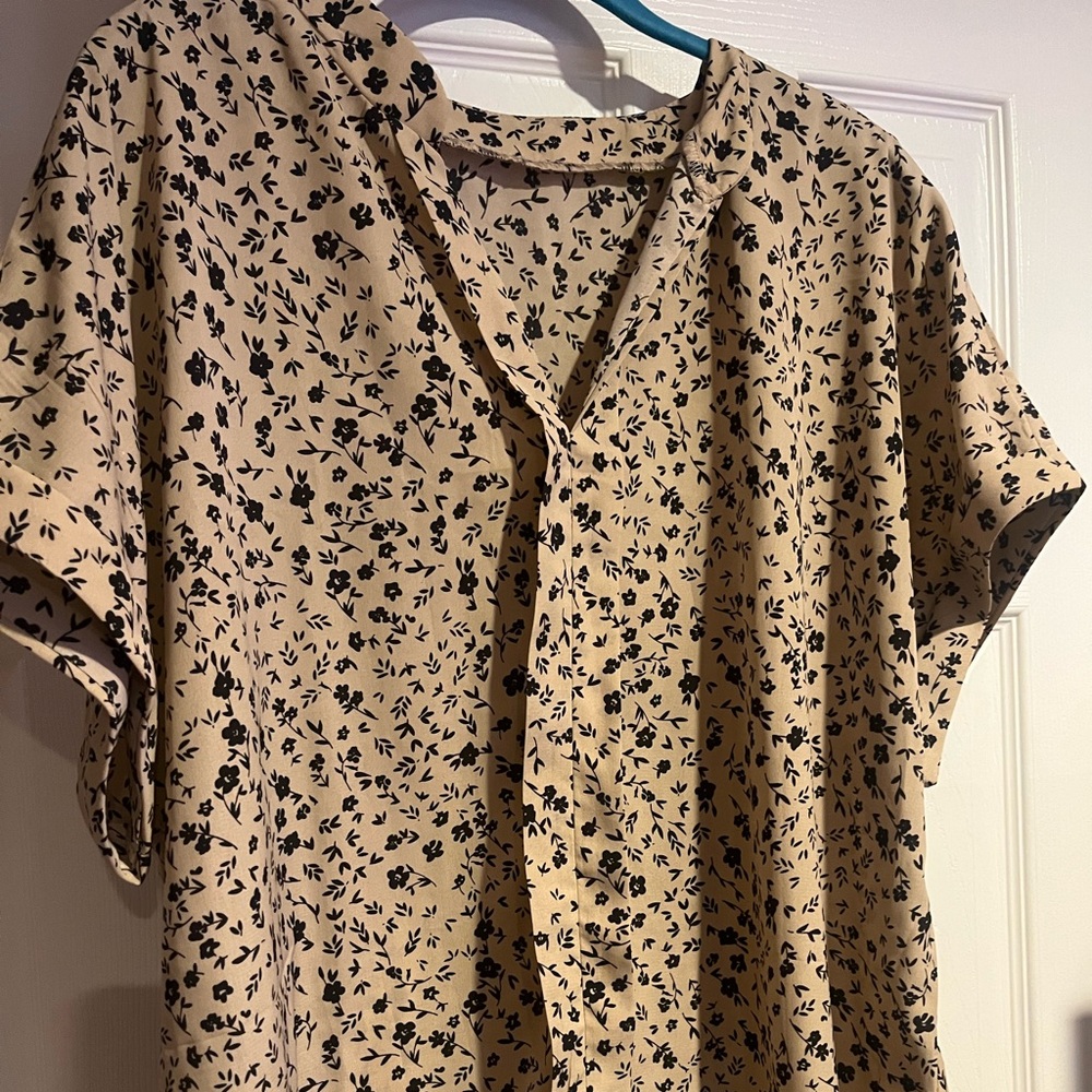 Tan with black flowers, Blouse perfect for work!